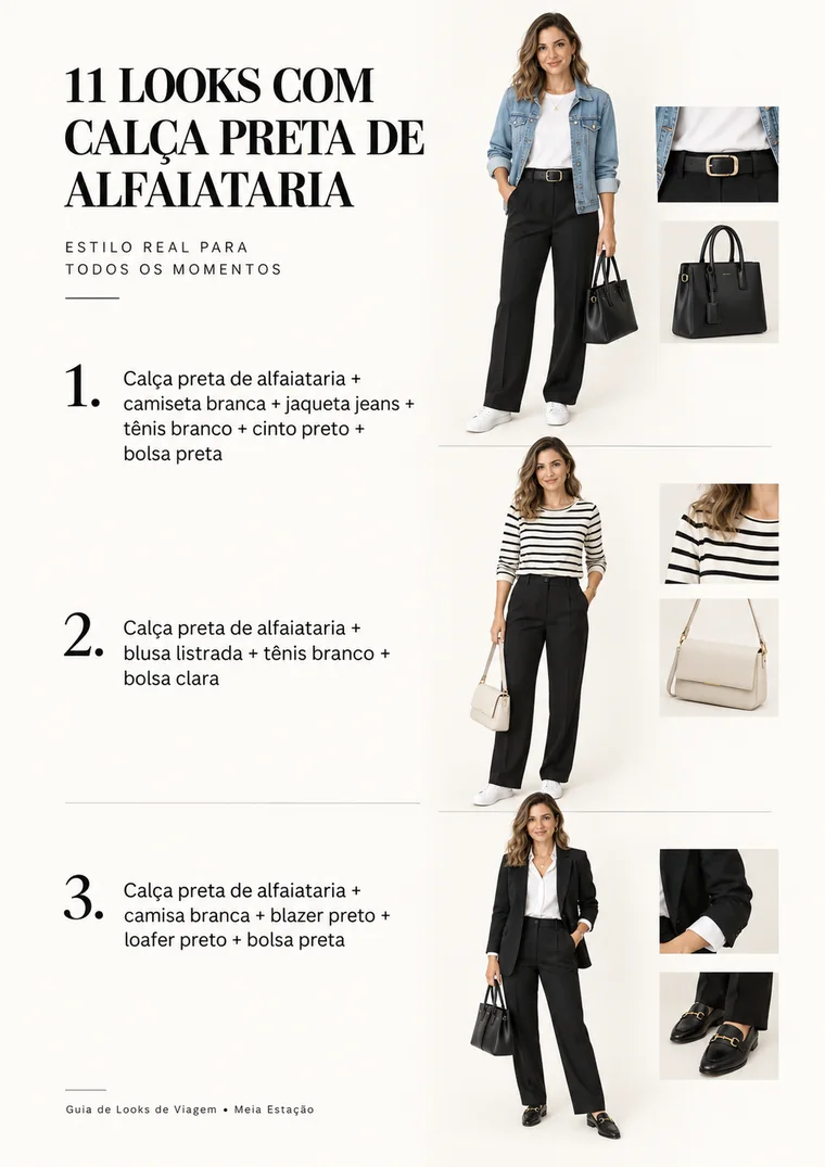 Prévia de uma página interna com três combinações de looks